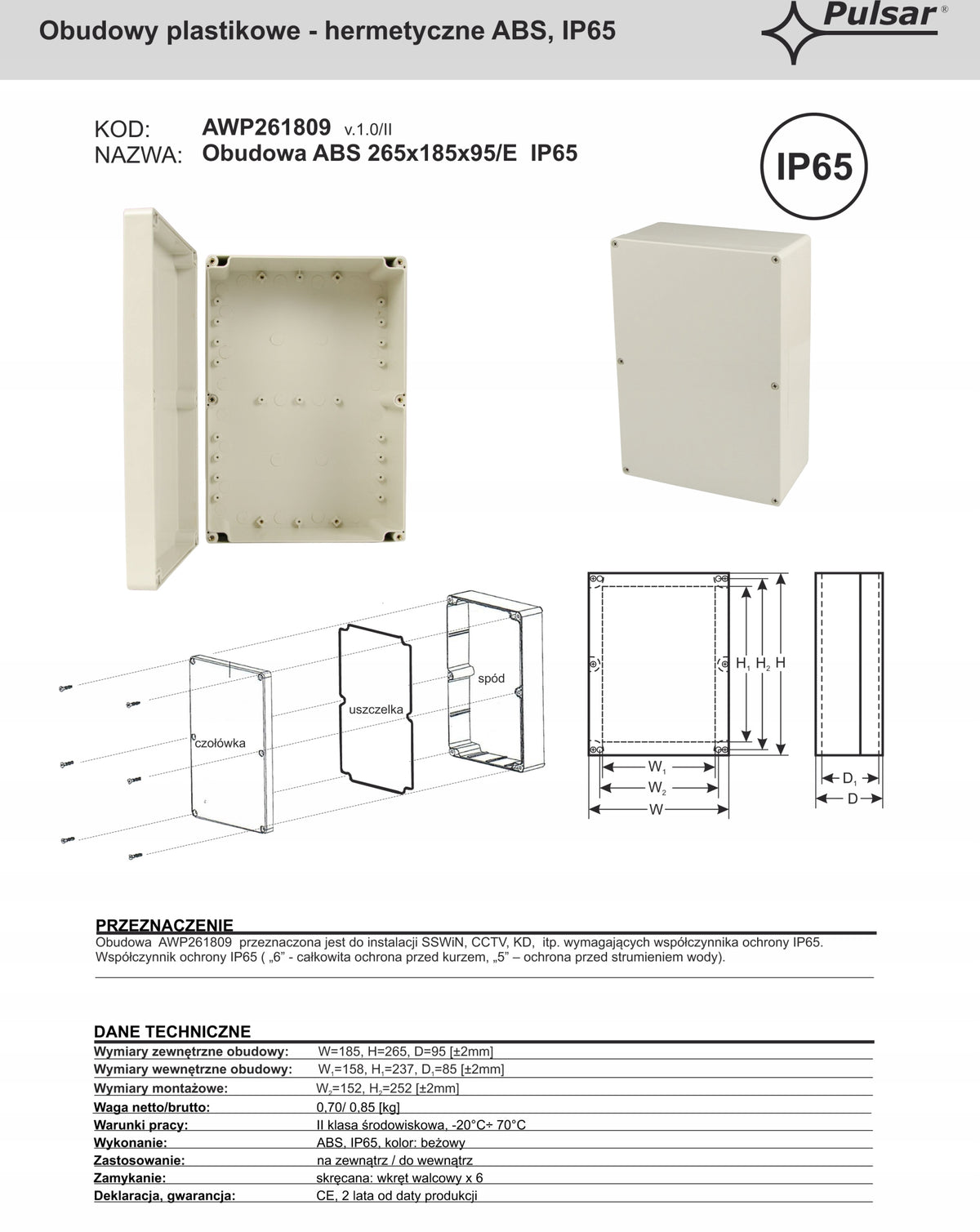 AWP261809 Hermetic housing IP65 plastic ABS 265 x 185 x 90/E Pulsar Manufacturer code AWP261809