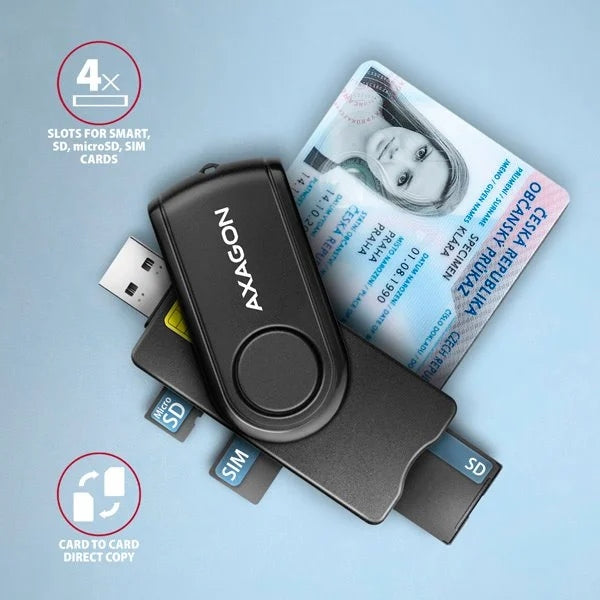 AXAGON CRE-SMP2A, USB-A PocketReader 4-slot čtečka Smart card (eObčanka) + Kind universal