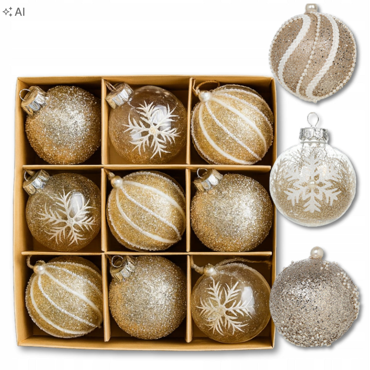 Acrylic baubles mix gold set of 9 Christmas balls 8 cm Unbreakable Packaging status original