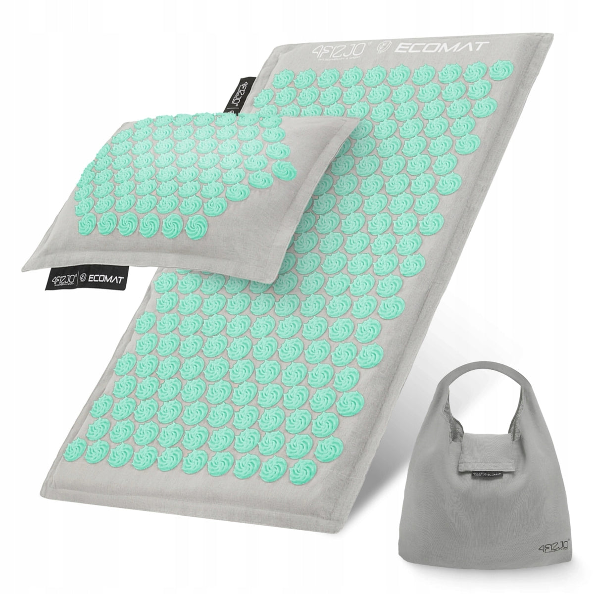 Acupressure mat 4FIZJO linen with buckwheat scales 68 x 42 cm grey-mint