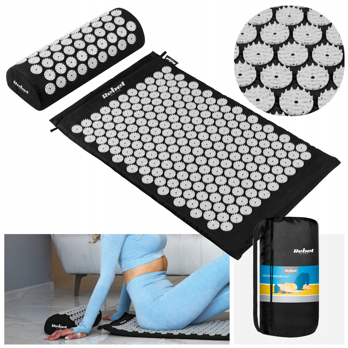 Acupressure mat with spikes + pillow 72x42cm for massage black Rebel