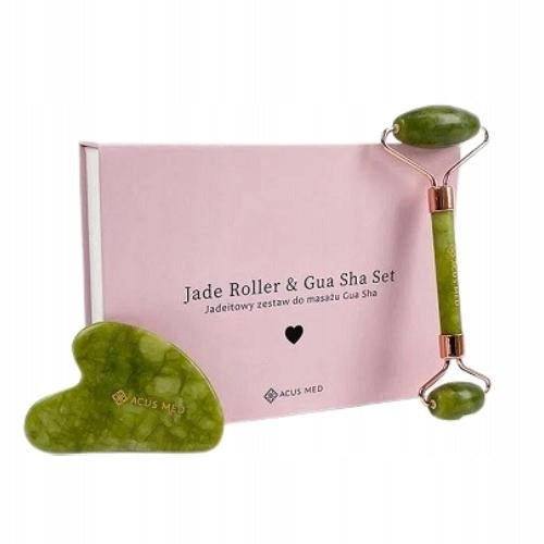 Acus Med Jade Massage Kit Gua Sha Tile + Roller Green Color