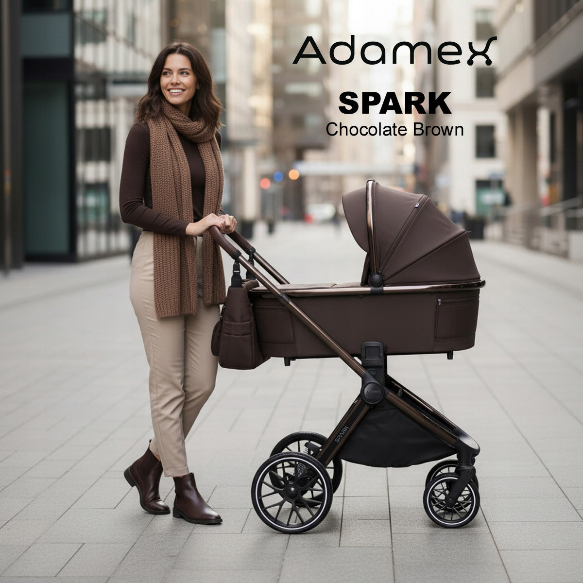 Adamex SPARK Chocolate Brown 2-in-1 Stroller + Adapters Packaging status original