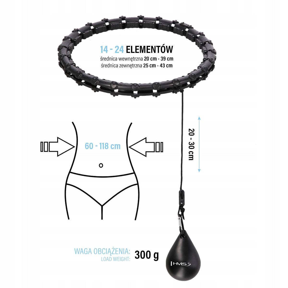 Adjustable hula hoop HMS HHW02 black with weight plate and massage projections Brand HMS