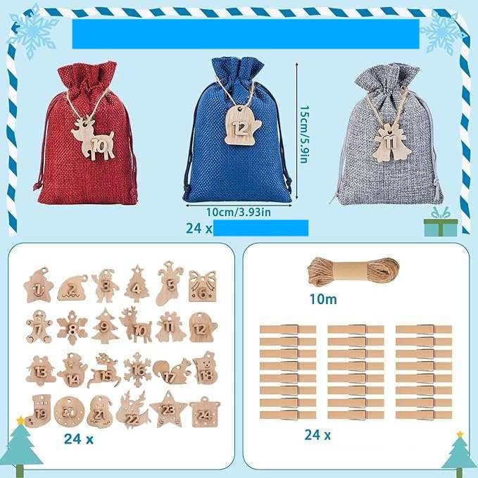 Advent Calendar DIY Empty Jute Pouches 15x10cm 24pcs Drawstring 10m Brand CE