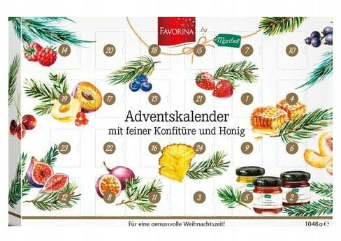 Advent calendar with 24 small jars of fruit jams and honey