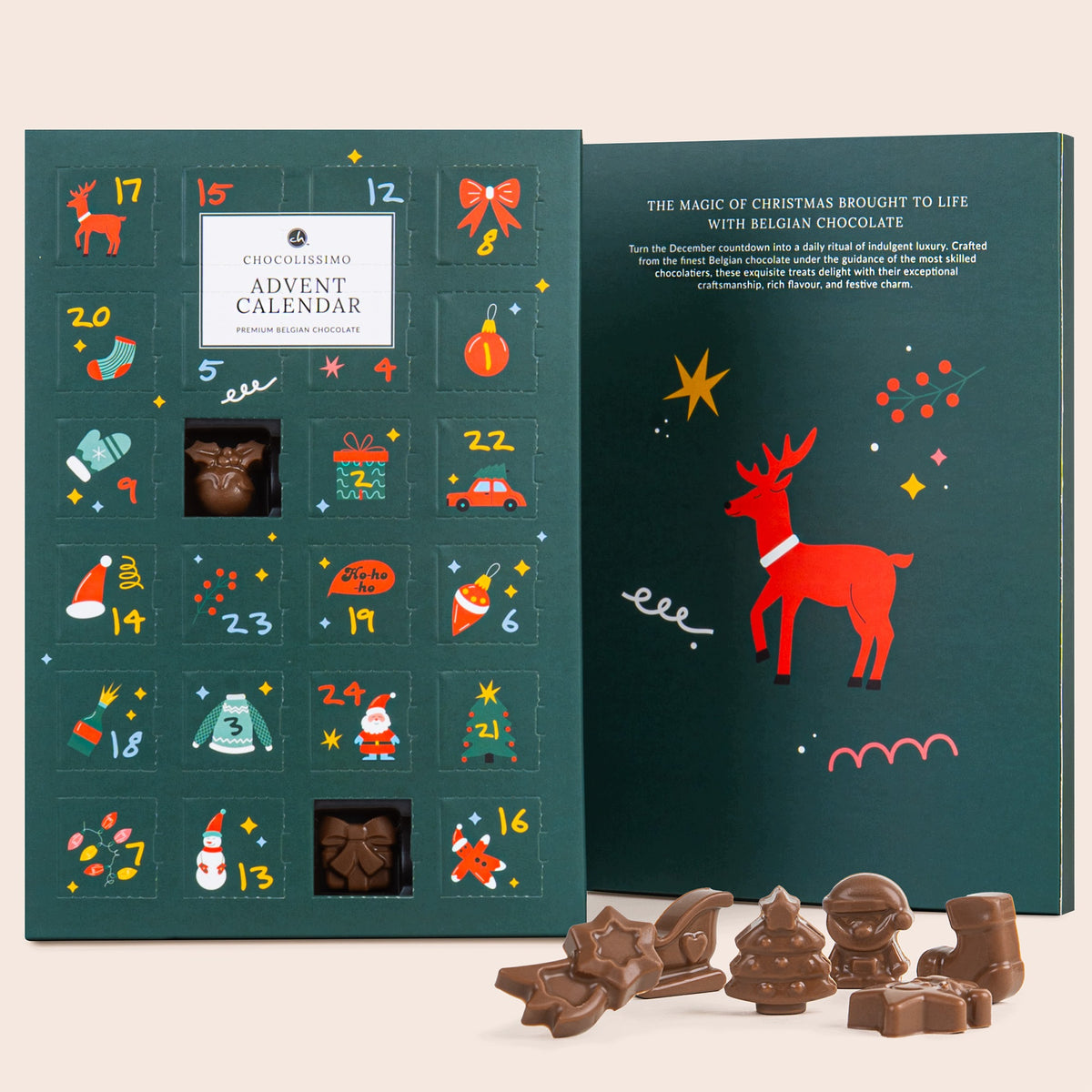 Advent calendar with chocolate figurines 285x200x20mm green chocolate Packaging status original