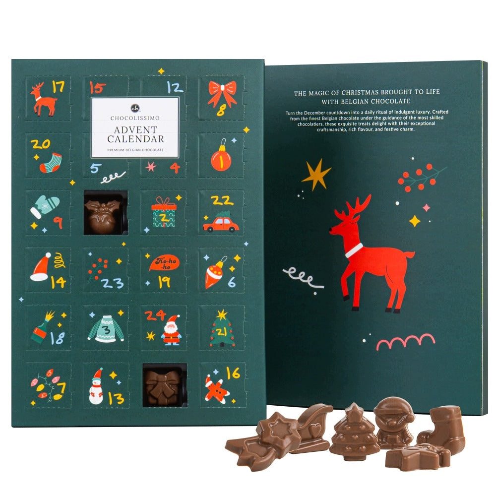 Advent calendar with chocolate figurines 285x200x20mm green chocolate