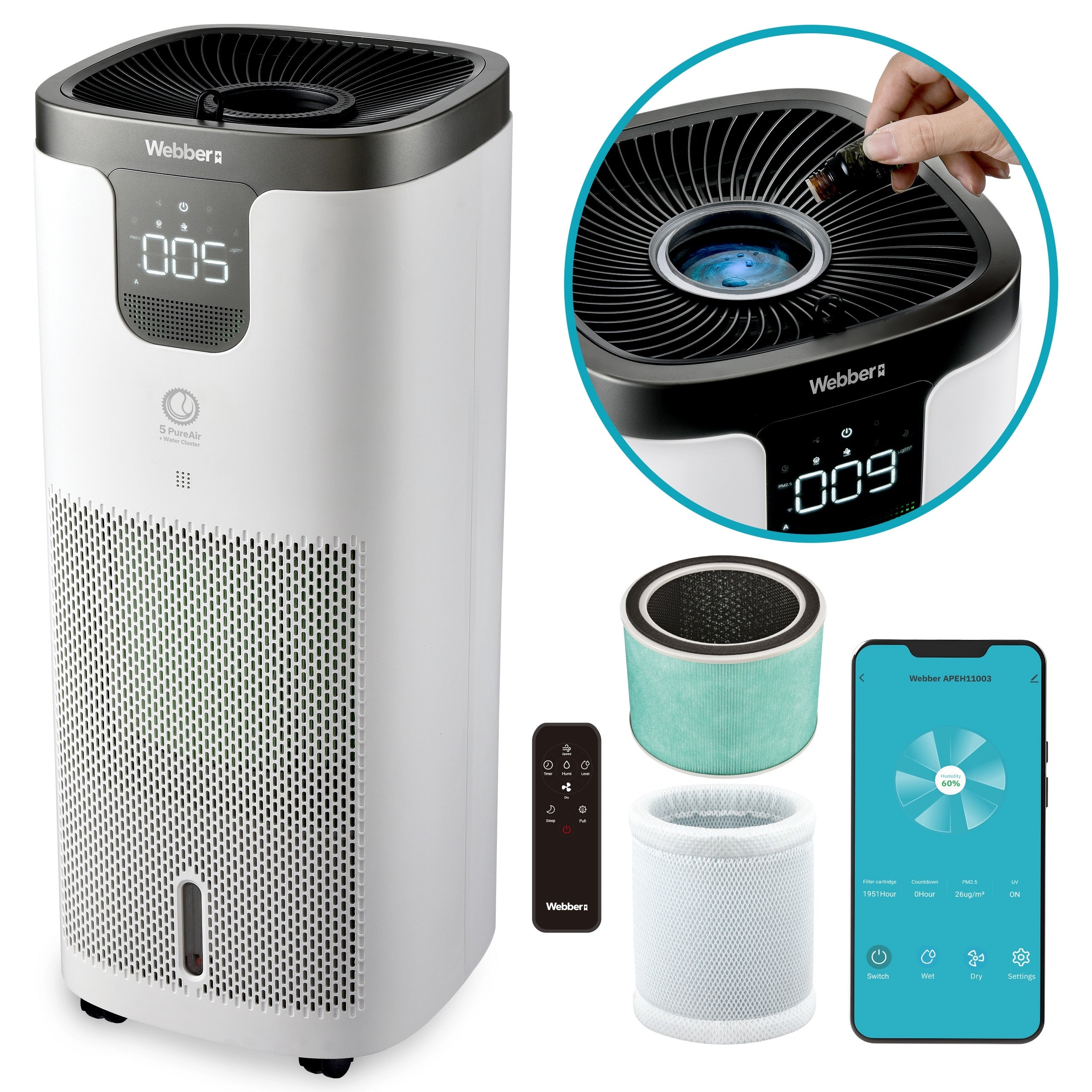 Air Purifier Webber APEH11003 WIFI HEPA 12 UV Ionizer Humidifier