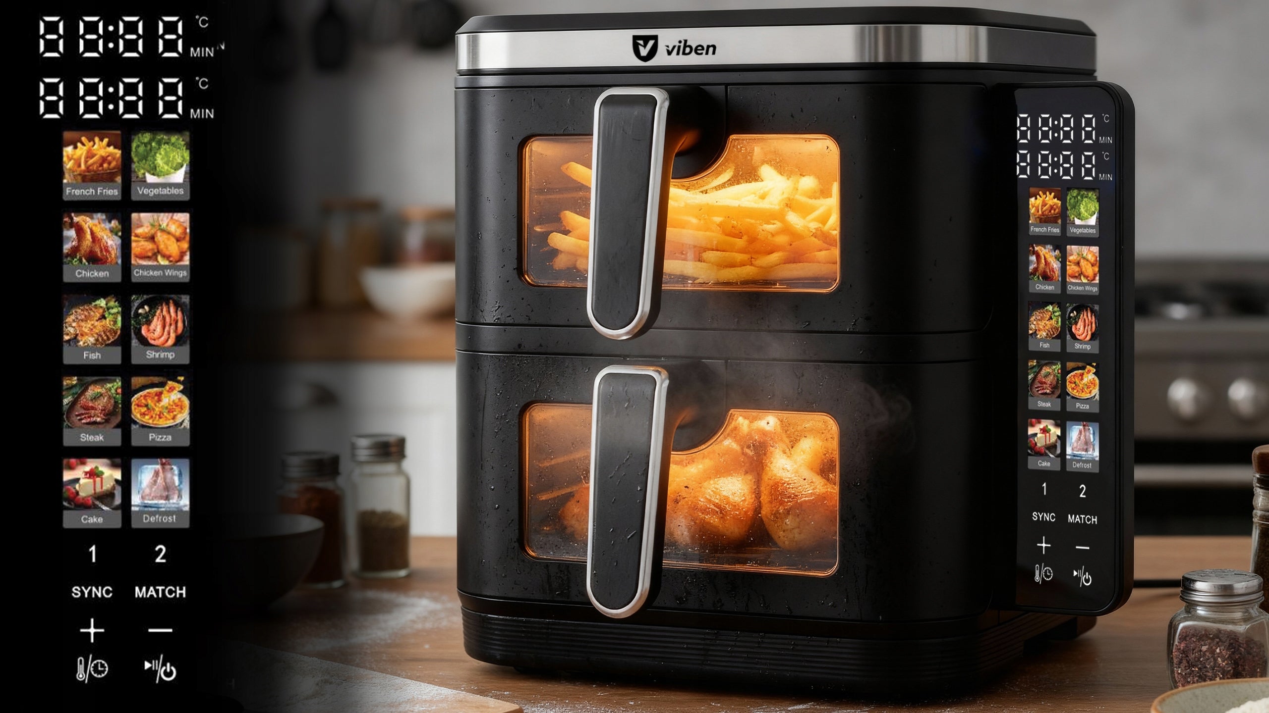 Air fryer airfryer non-fat two-chamber vertical air fryer 2800W 11L Safety auto shut-off heat-resistant handles non-stick coating anti-slip feet overheating protection