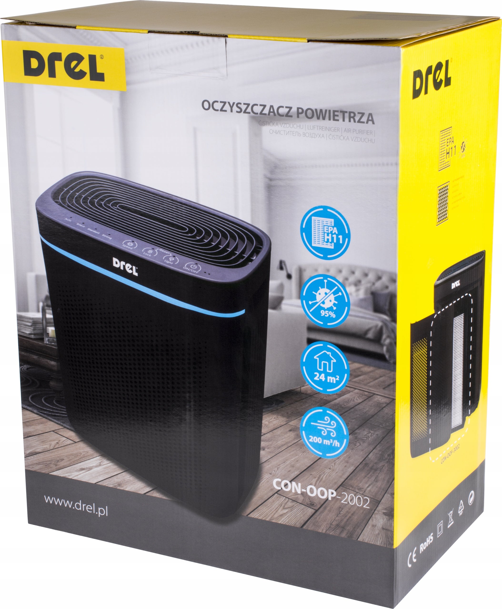 Air purifier 200m³/h filter for home office black DREL Medical device no
