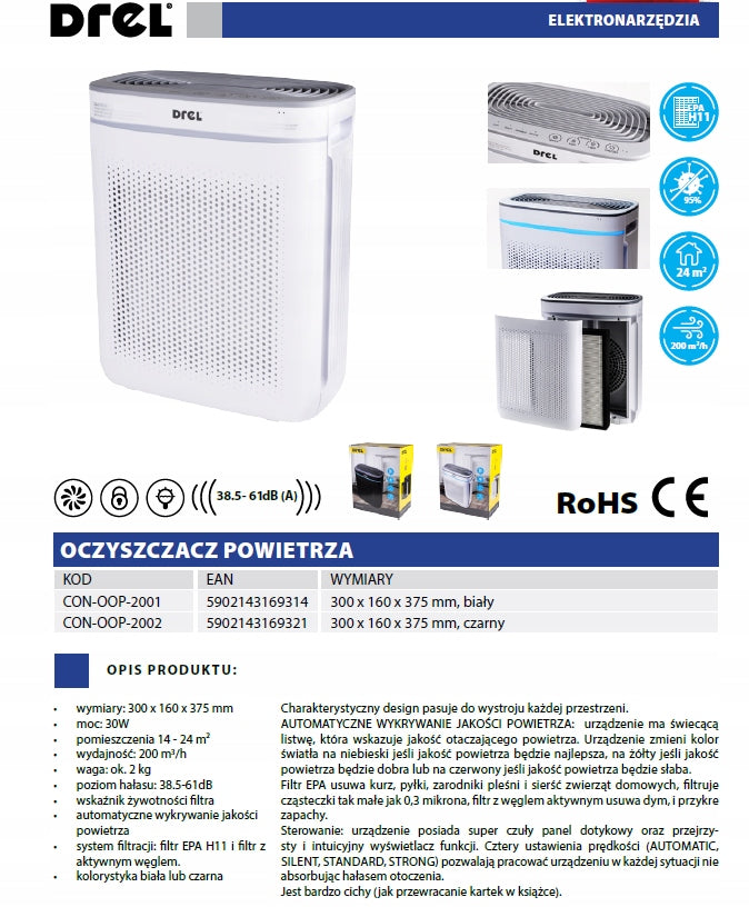 Air purifier 200m³/h filter for home office black DREL Power 30 W