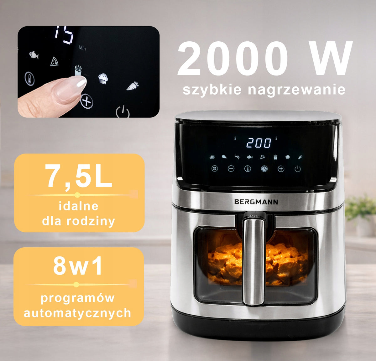 Airfryer Fat Free Airfryer 8 Programs 7,5L STRONG 2000W 2 HEATERS Packaging status original