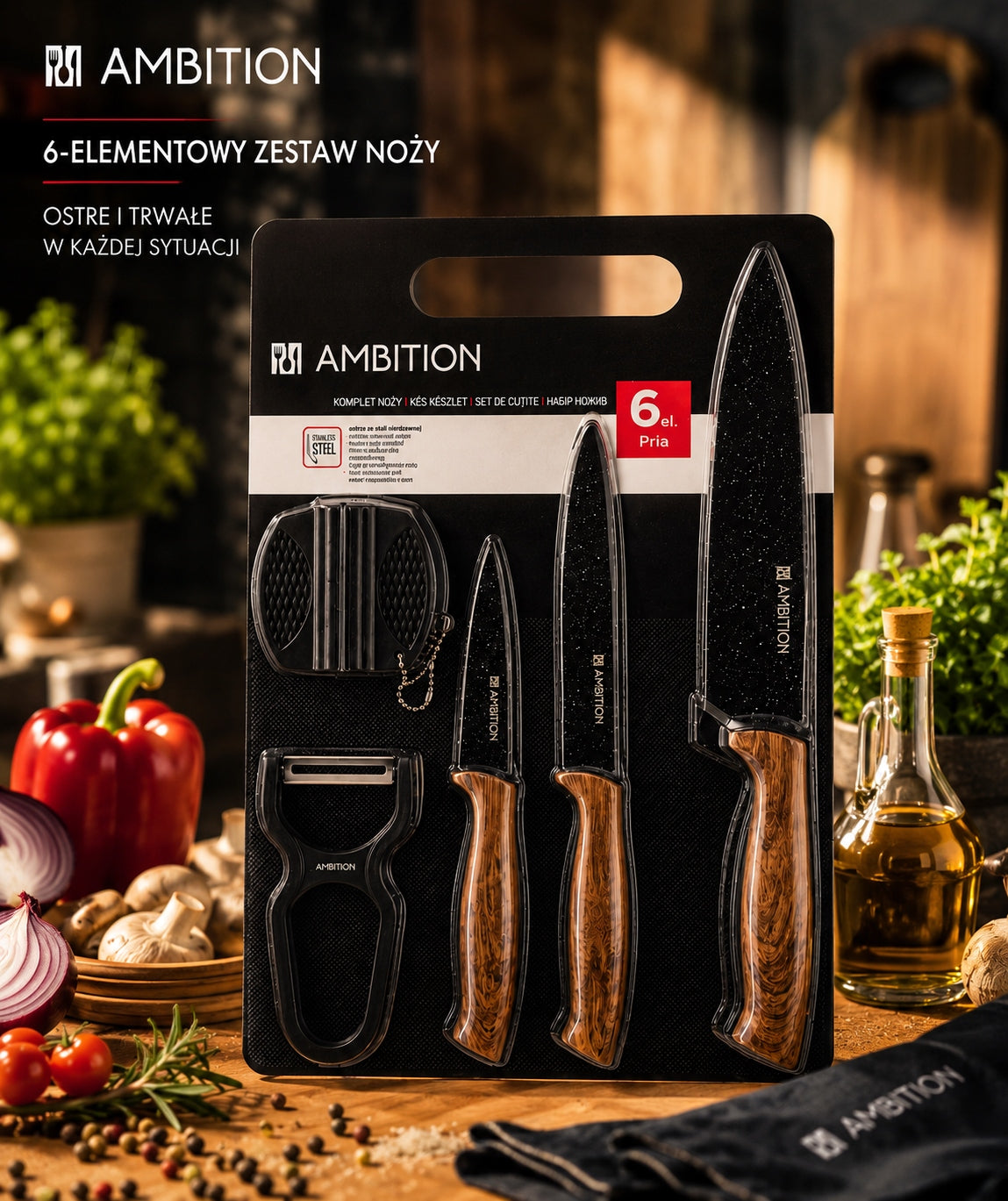 Ambition Pria wood Set of 3 knives peeler sharpener Packaging status original