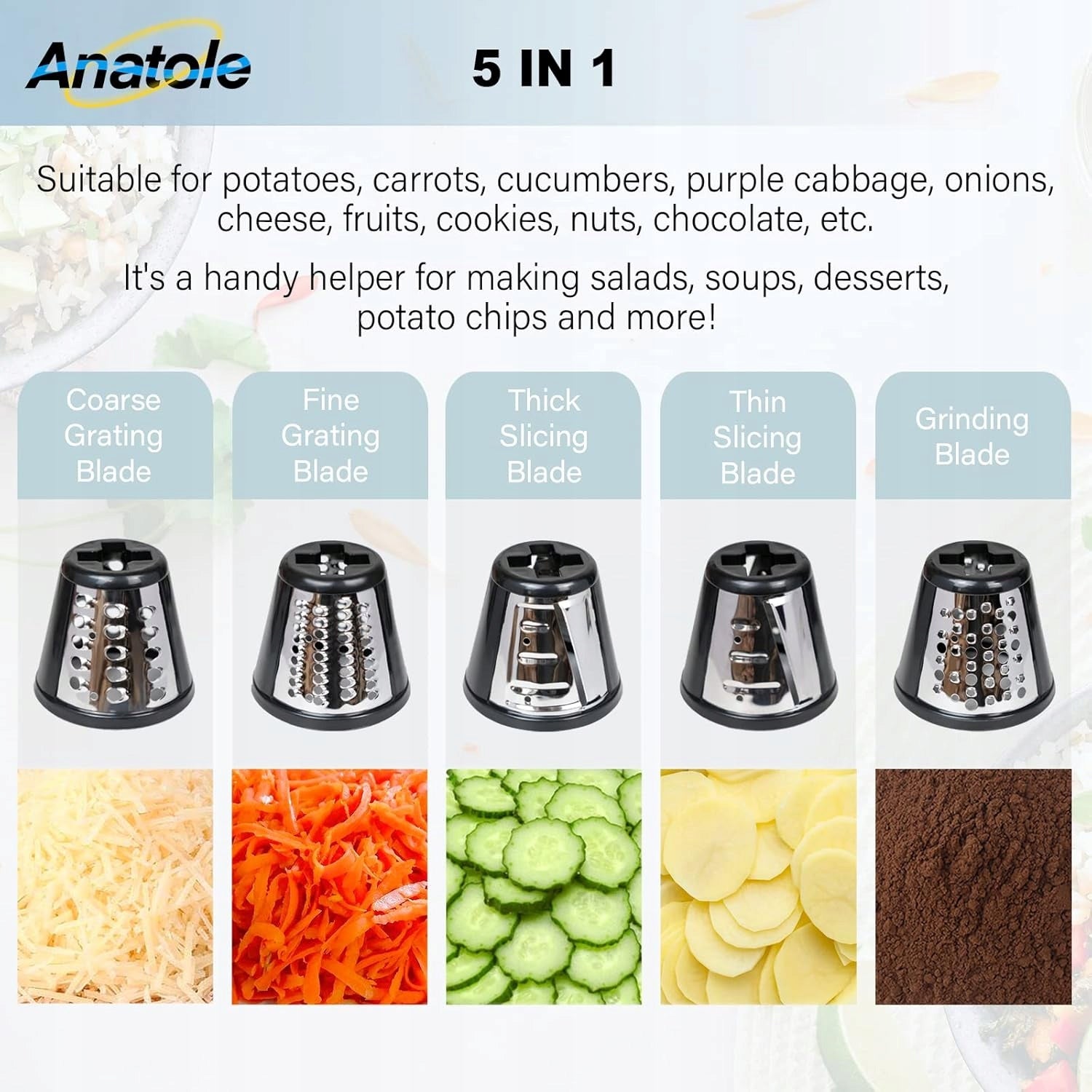 Anatole Electric Cheese and Vegetable Grater 250W, 5 Blades, Stainless Steel Manufacturer code SM-1