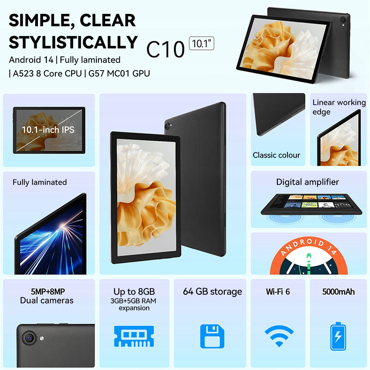 Android 14 Octa-Core Tablet 8GB RAM+64GB ROM Expandable to 1TB Bluetooth Packaging status original