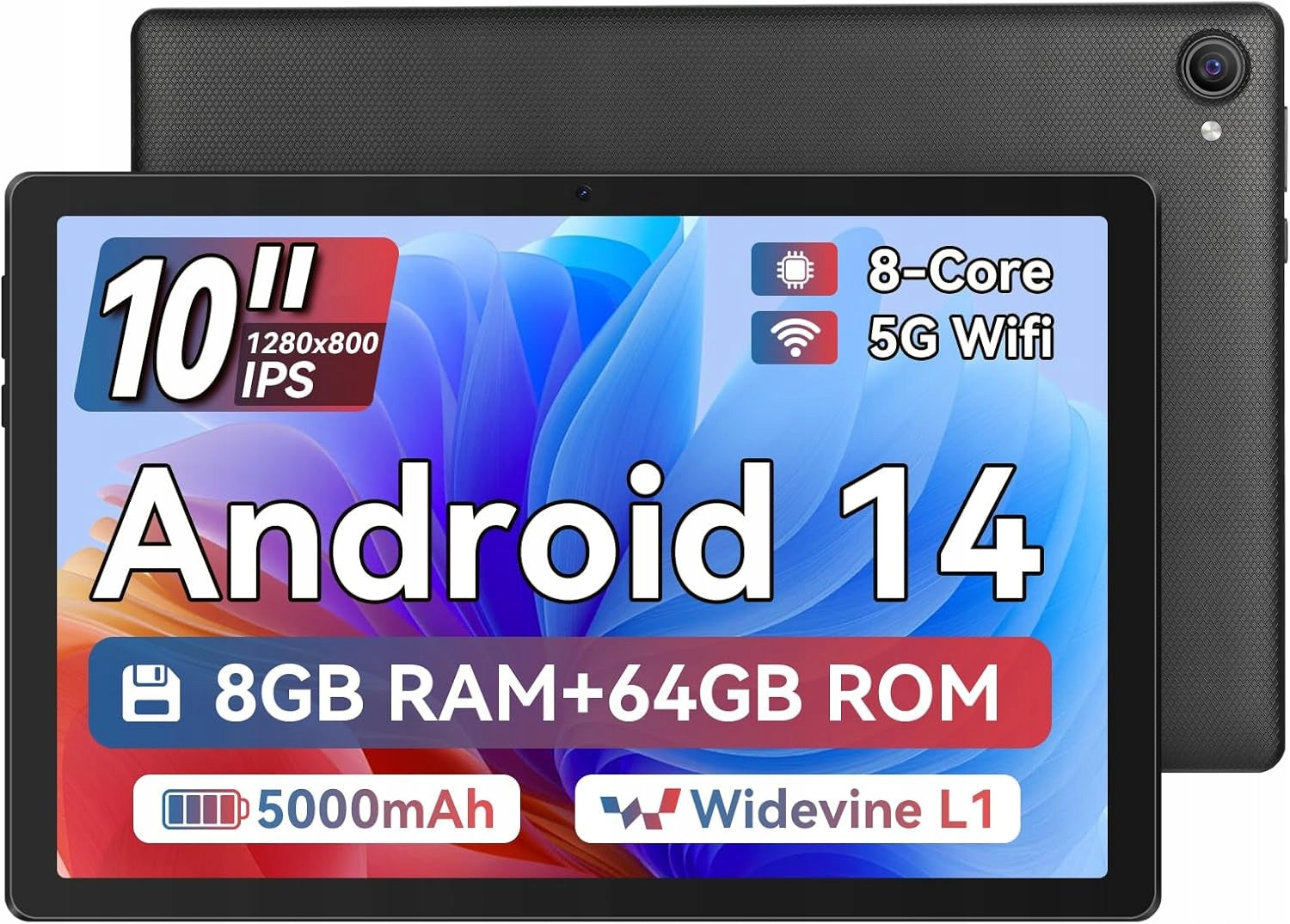 Android 14 Octa-Core Tablet 8GB RAM+64GB ROM Expandable to 1TB Bluetooth