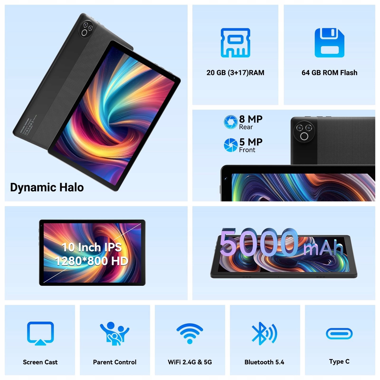 Android 15 Tablet 10"- 20GB+64GB ROM to 1TB 800×1280 IPS Dual Cameras Operating system version Android 15