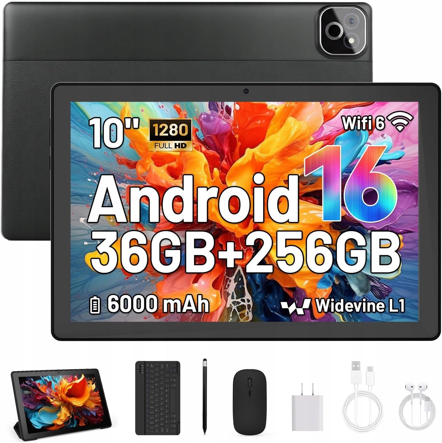 Android 16 2-in-1 Tablet 10" 36GB+256GB 8-core Case Keyboard Mouse Stylus