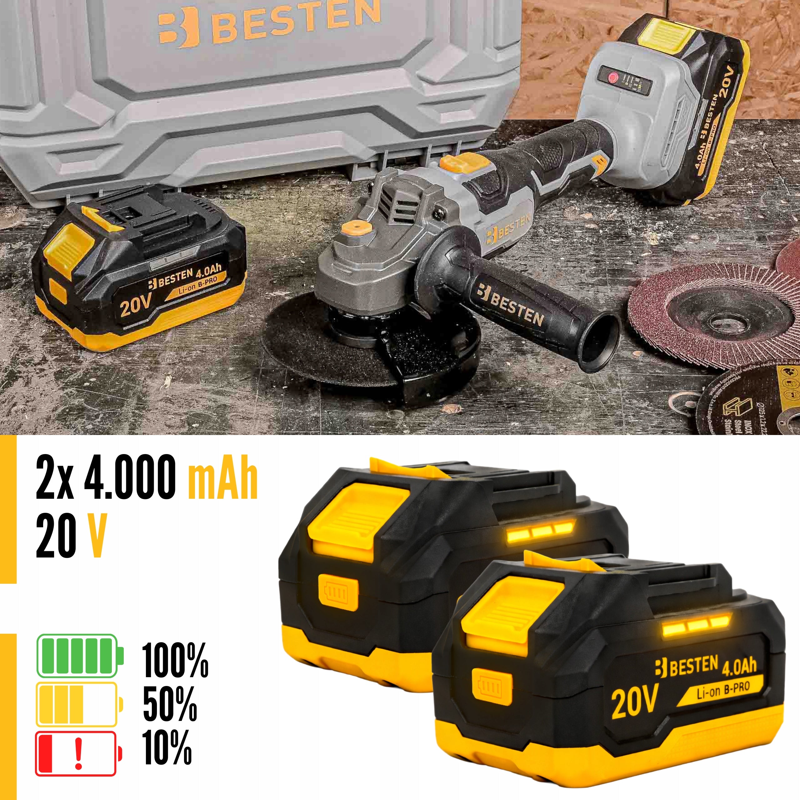Angle Grinder Cordless Brushless Angle Diax 2XAku 4Ah SET Series Szlifierka kątowa BESTEN B-PRO BE-2851