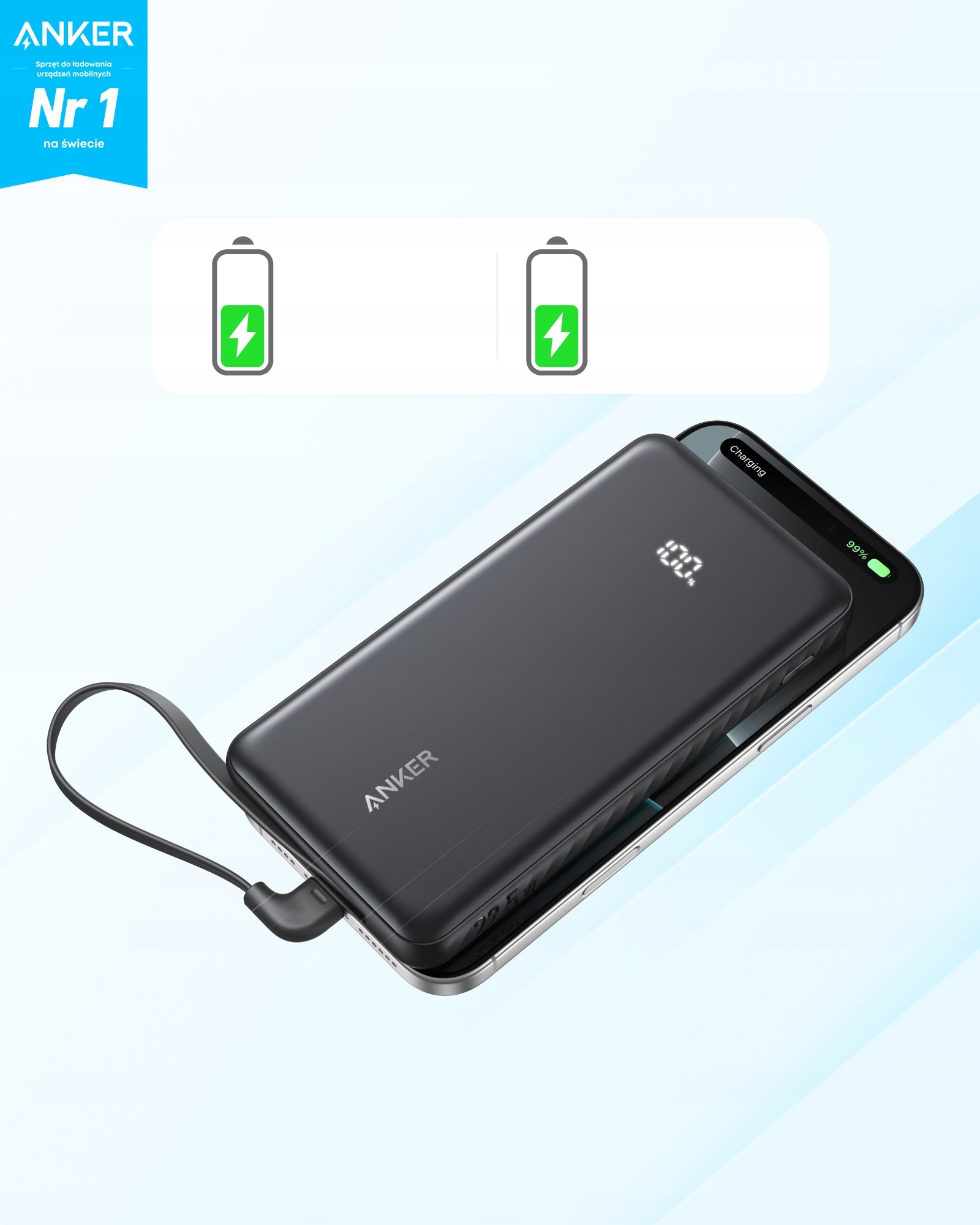 Anker Zolo Power Bank 10K, 22.5W, Built-In USB C Cable 10000mAh 20 Black Packaging status original