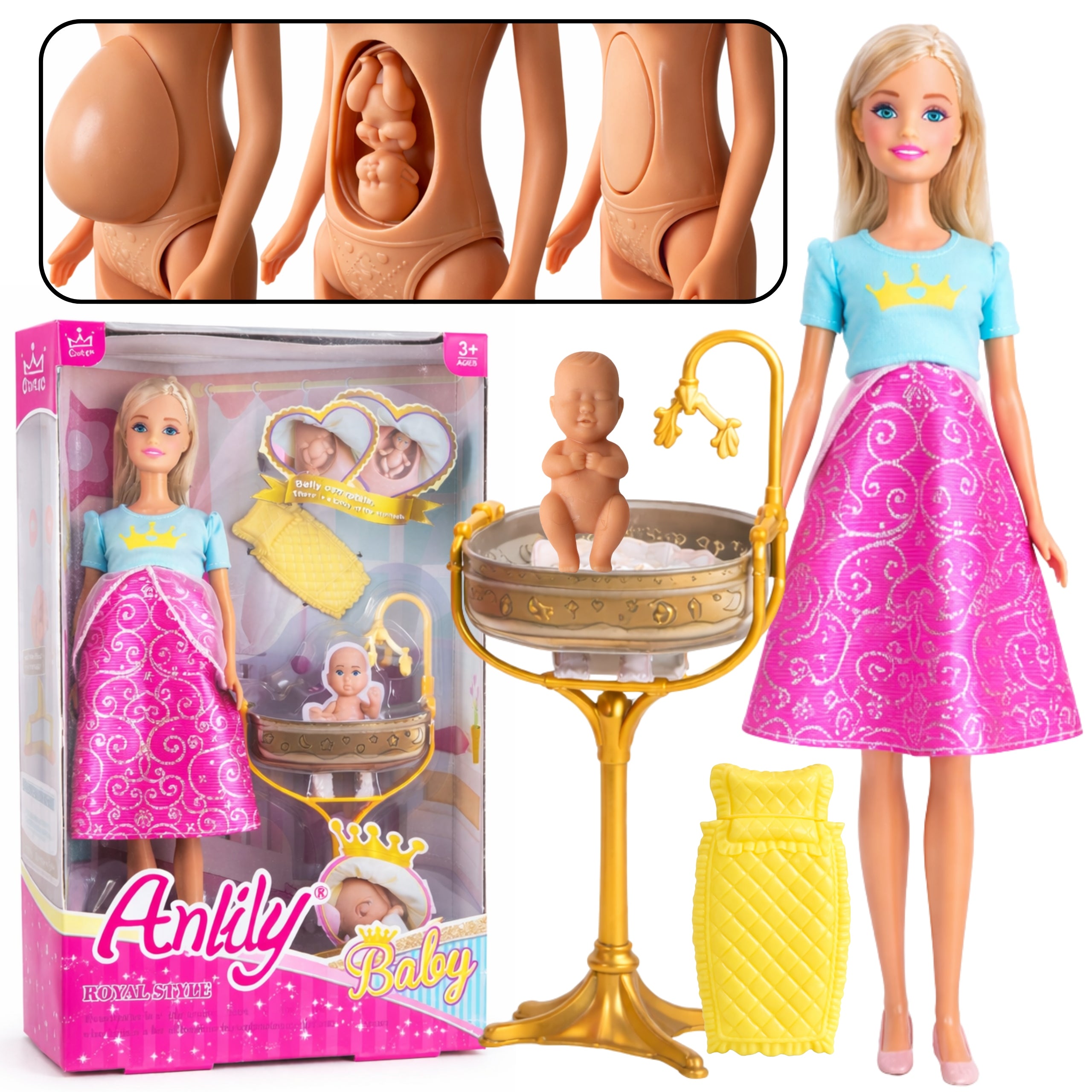 Anlily pregnant doll with opening belly + baby + cradle accessories