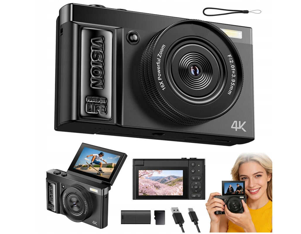 Aparat cyfrowy 4K vlogowania streeming 64MP 16x zoom ekran 180° + 32GB SD Packaging status original
