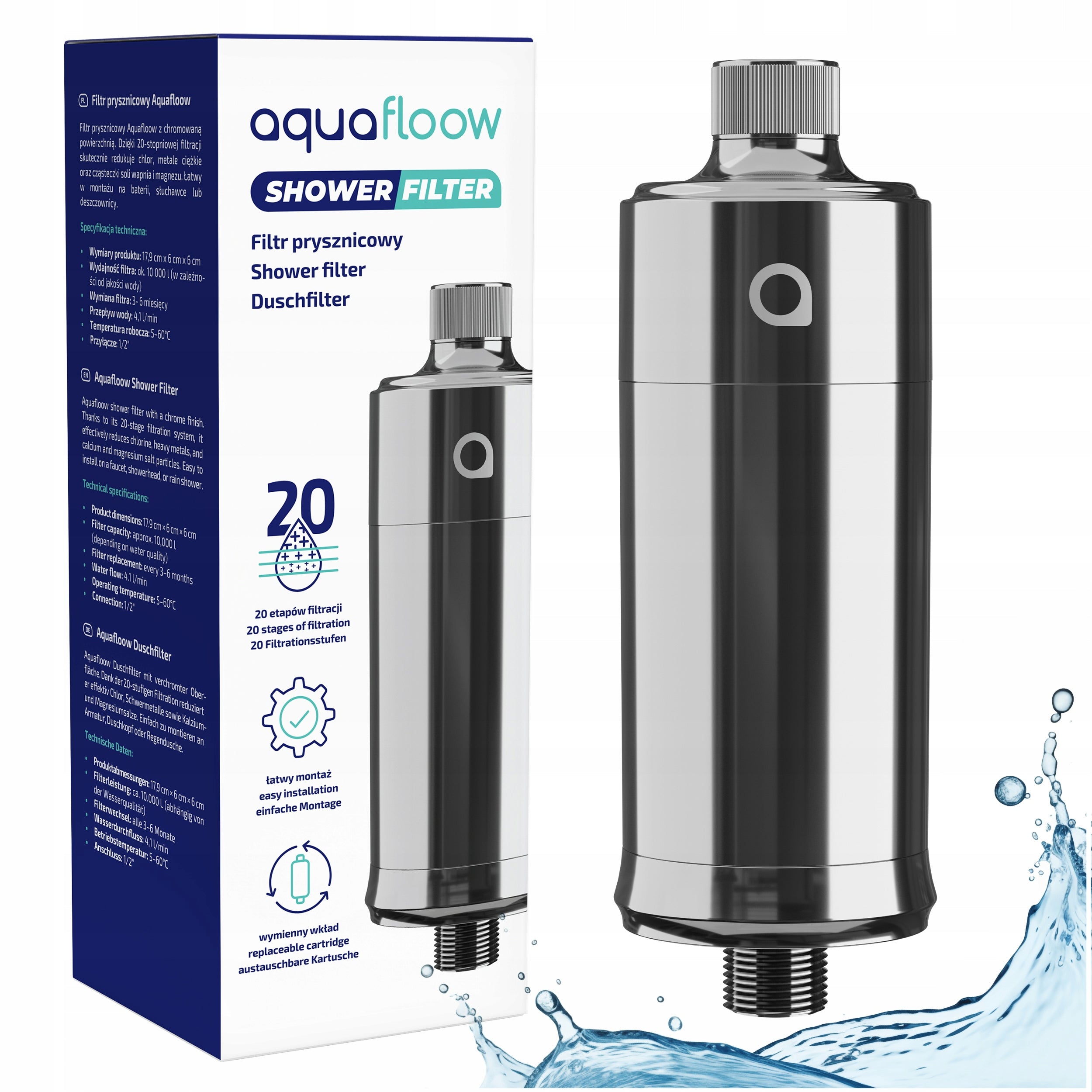 AquaFloow Shower filter softens water reduces chlorine