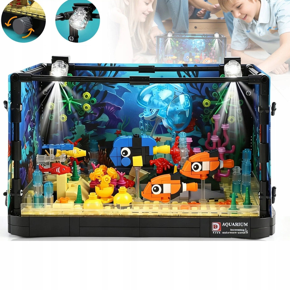 Aquarium with blocks movable jellyfish LED backlight 725 pcs gift mock-up