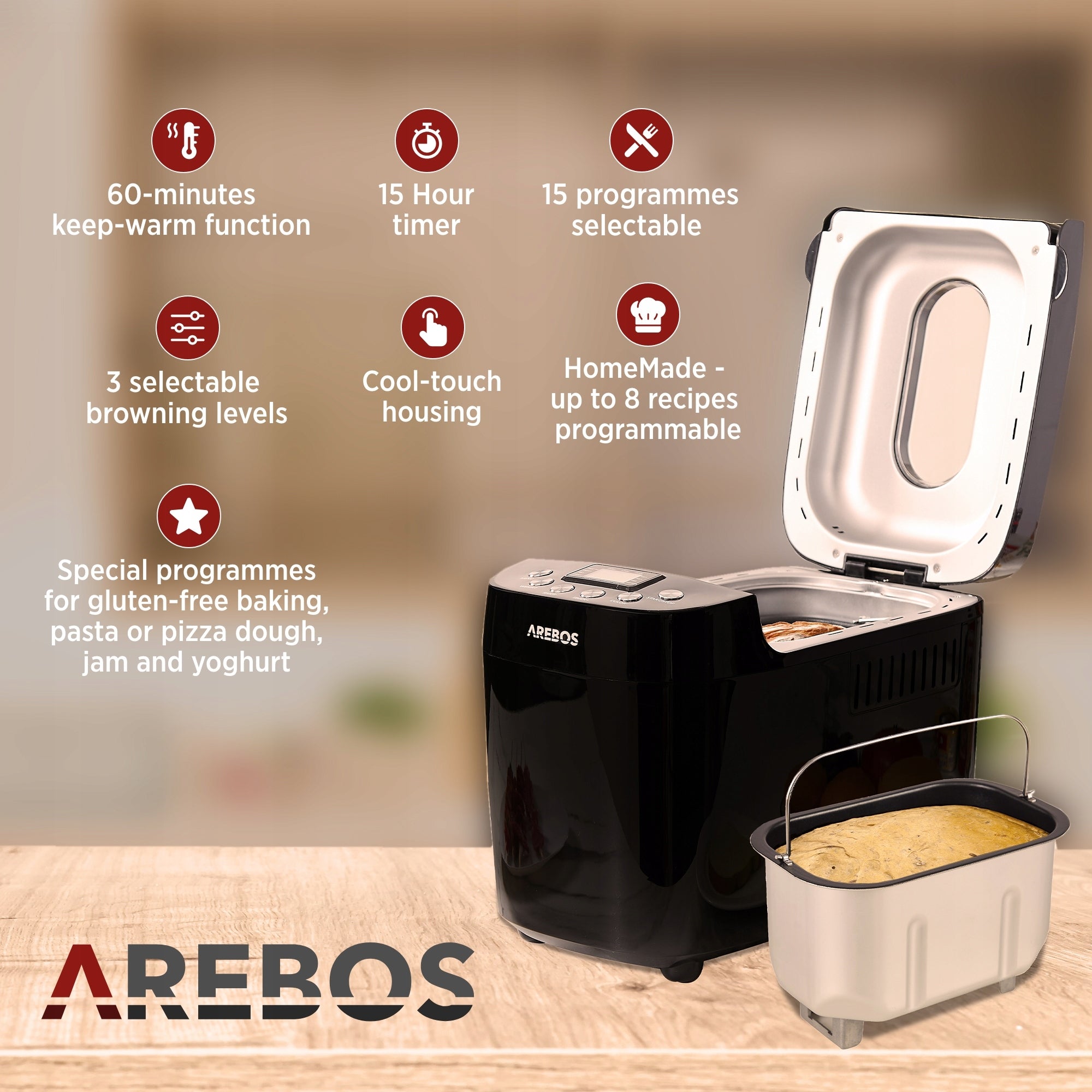 Arebos - Bread Maker | 1500 g | 850 W | Black Manufacturer code AR-HE-BBA1500B
