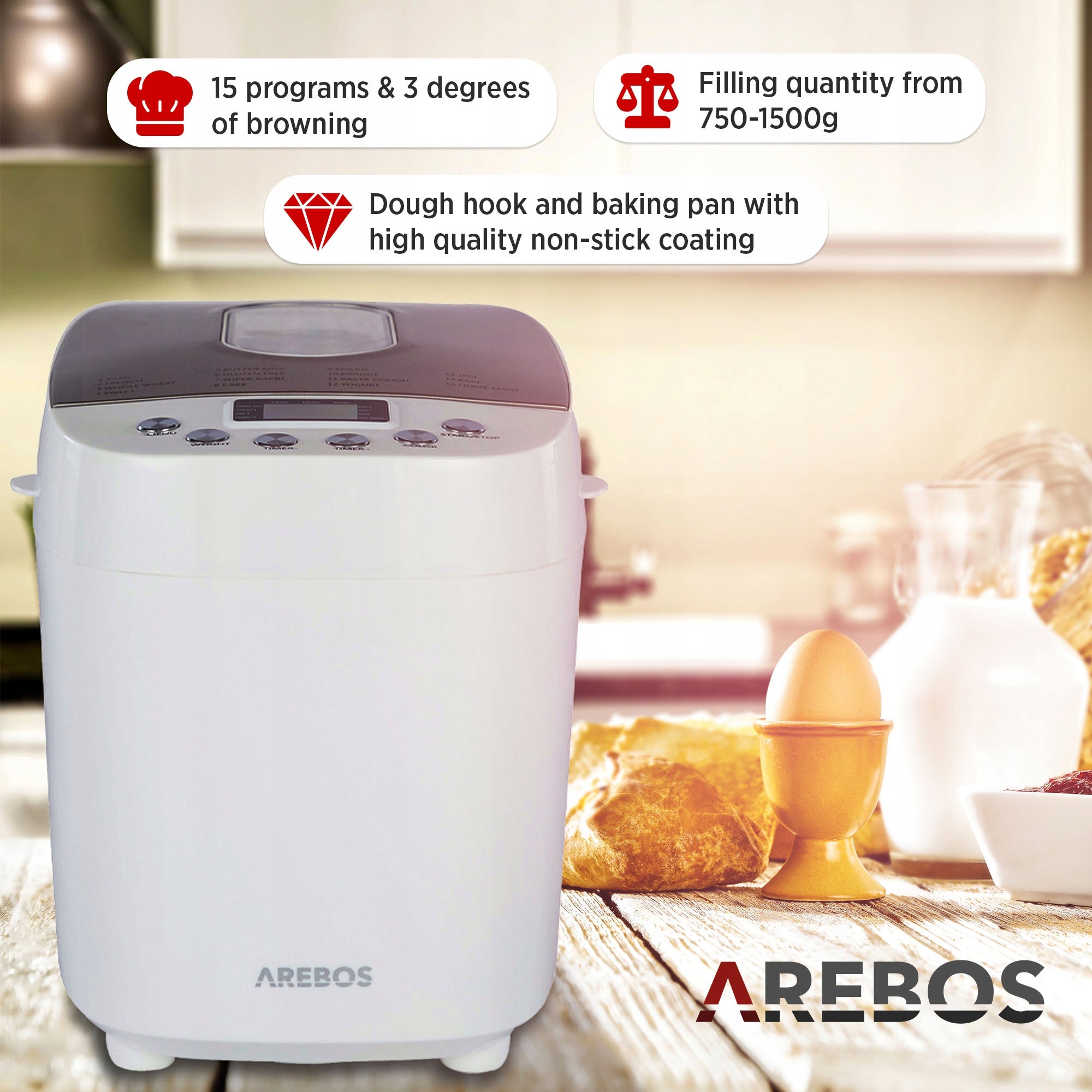 Arebos - Bread Maker | 1500 g | 850 W | White Manufacturer code AR-HR-BBA1500