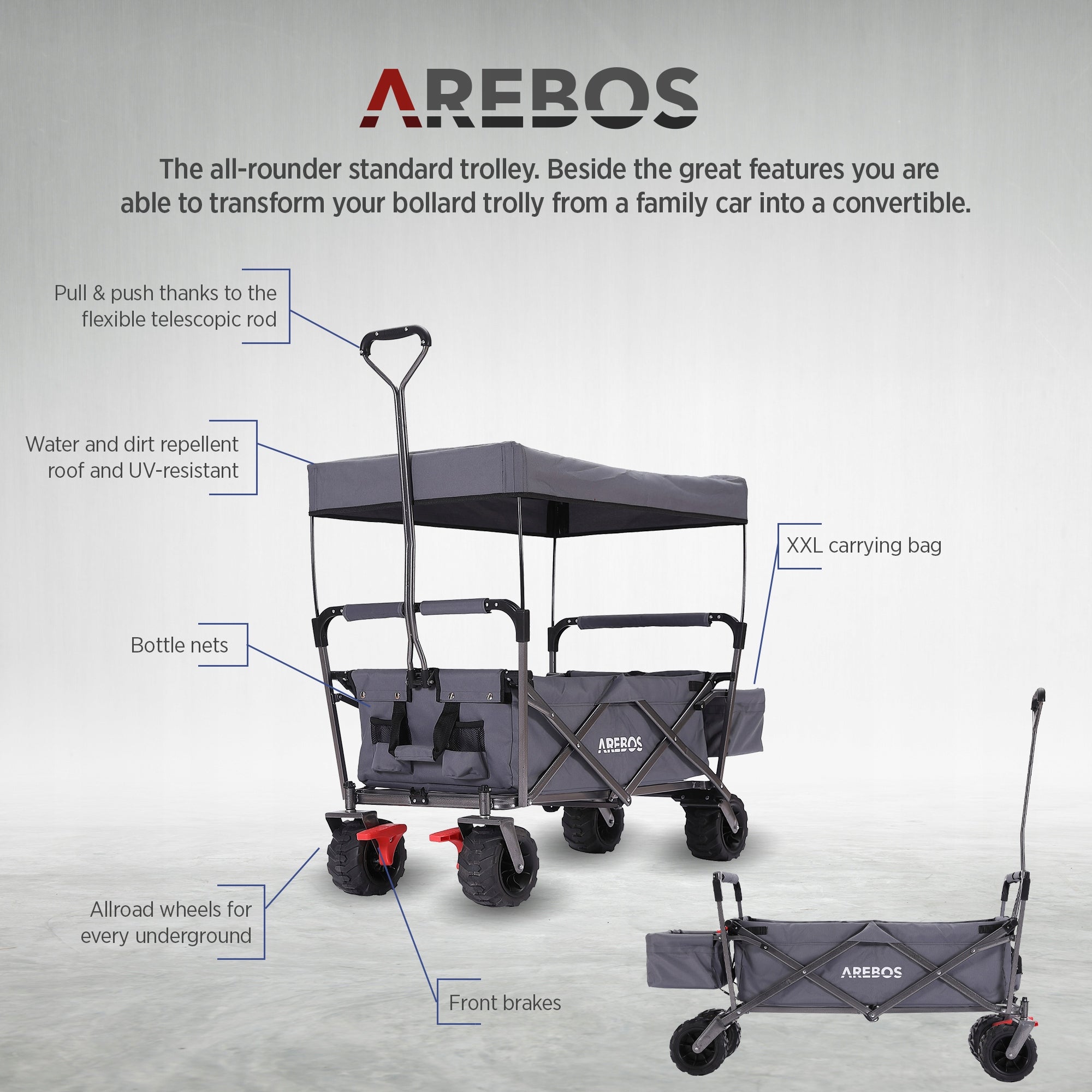 Arebos - Foldable Handcart with Roof | Gray Manufacturer code AR-HE-BWDSG