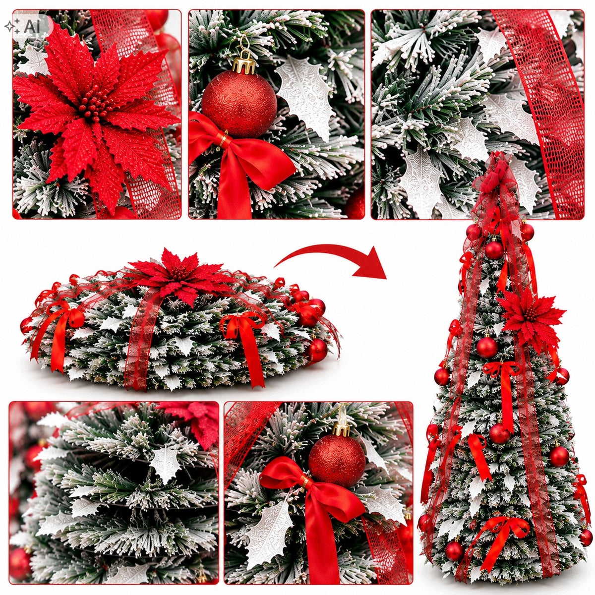Artificial Christmas tree 150 cm folding snow-covered dressed decorated baubles bows