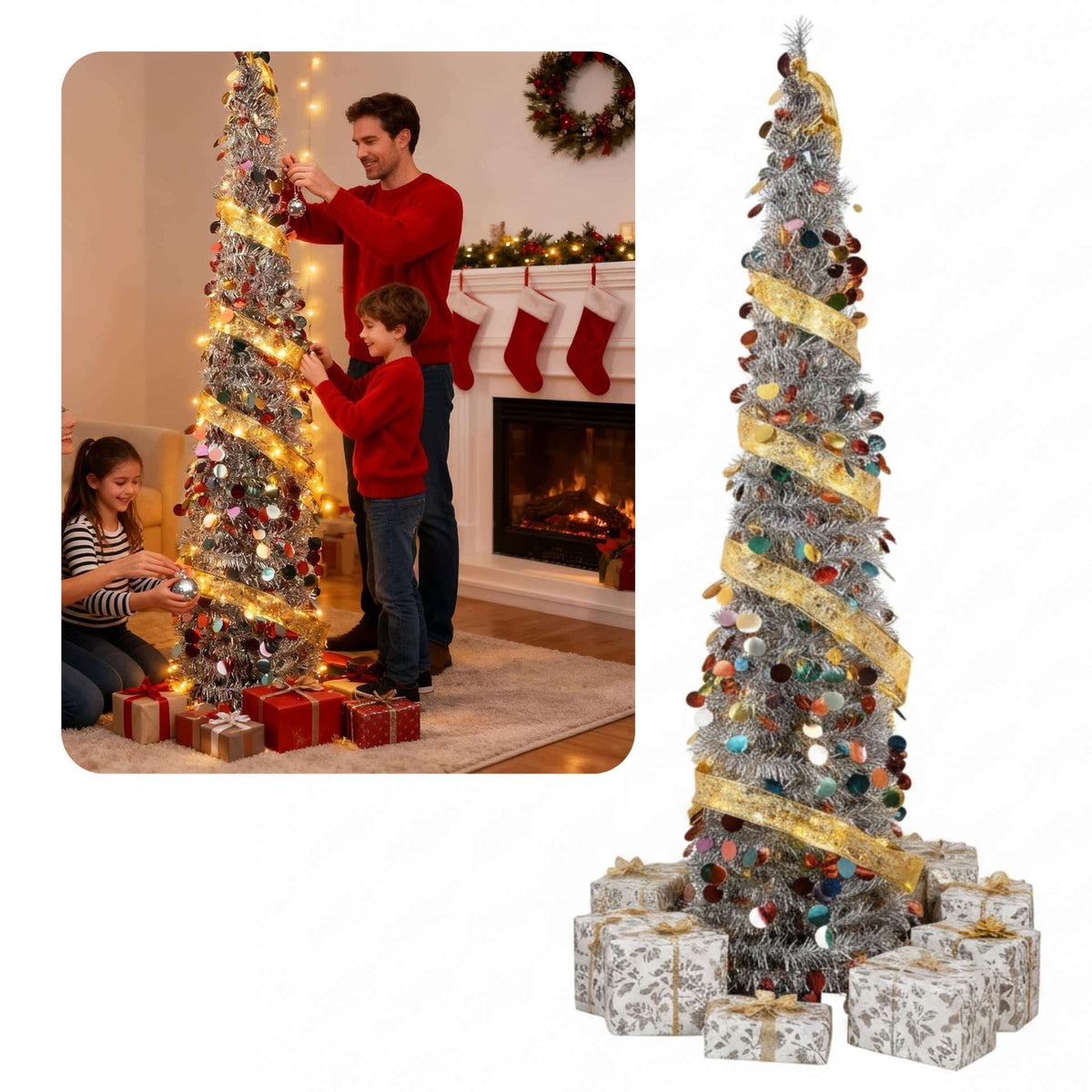 Artificial Christmas tree Slim 150 cm silver with LED lights 50 decorative narrow