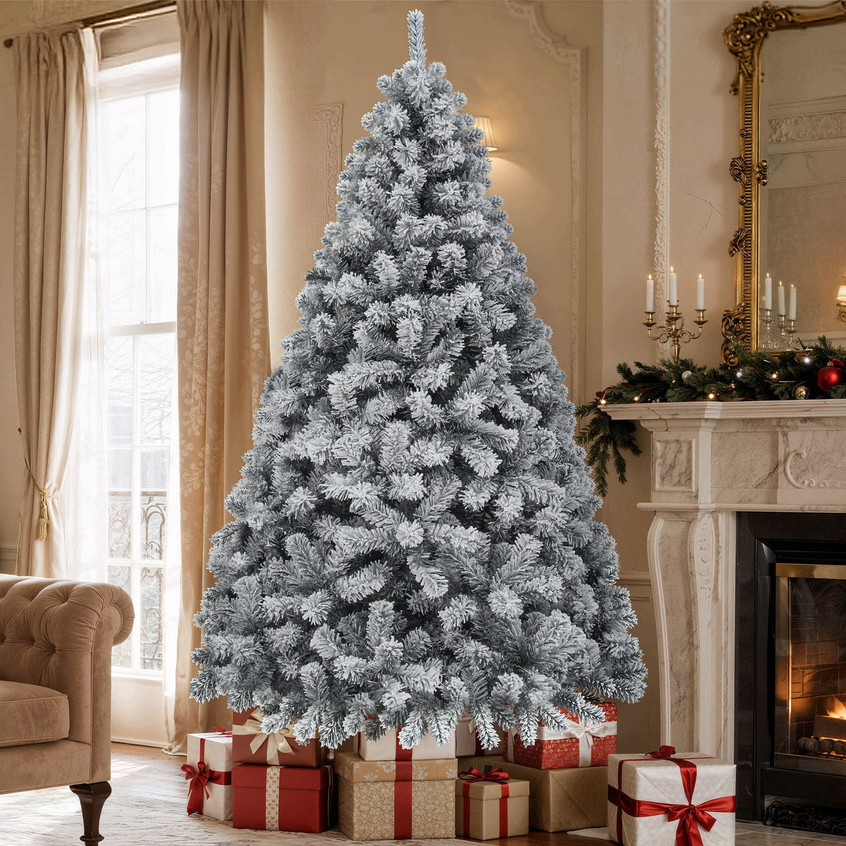 Artificial Christmas tree like live spruce/iodine, 228 cm 7,5 feet, snow-covered, dense Packaging status original