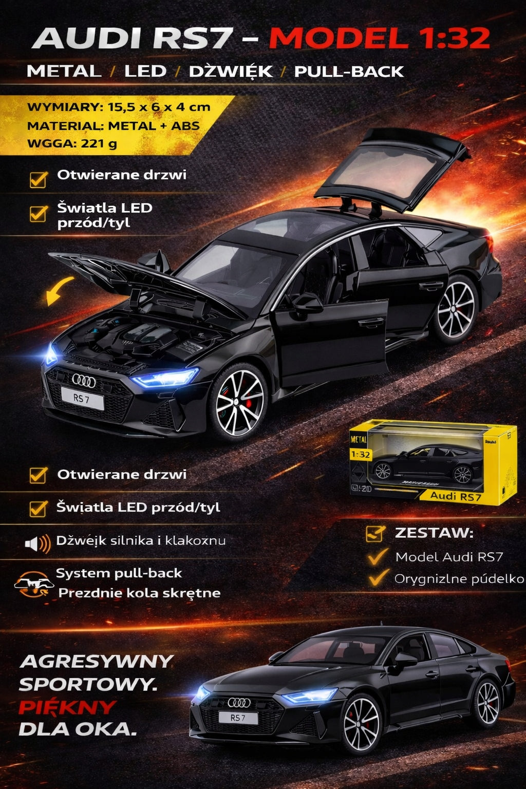 Audi RS7 1:32 - Metal - Model - Audi license - LED - Sound - Pull-Back Packaging status original