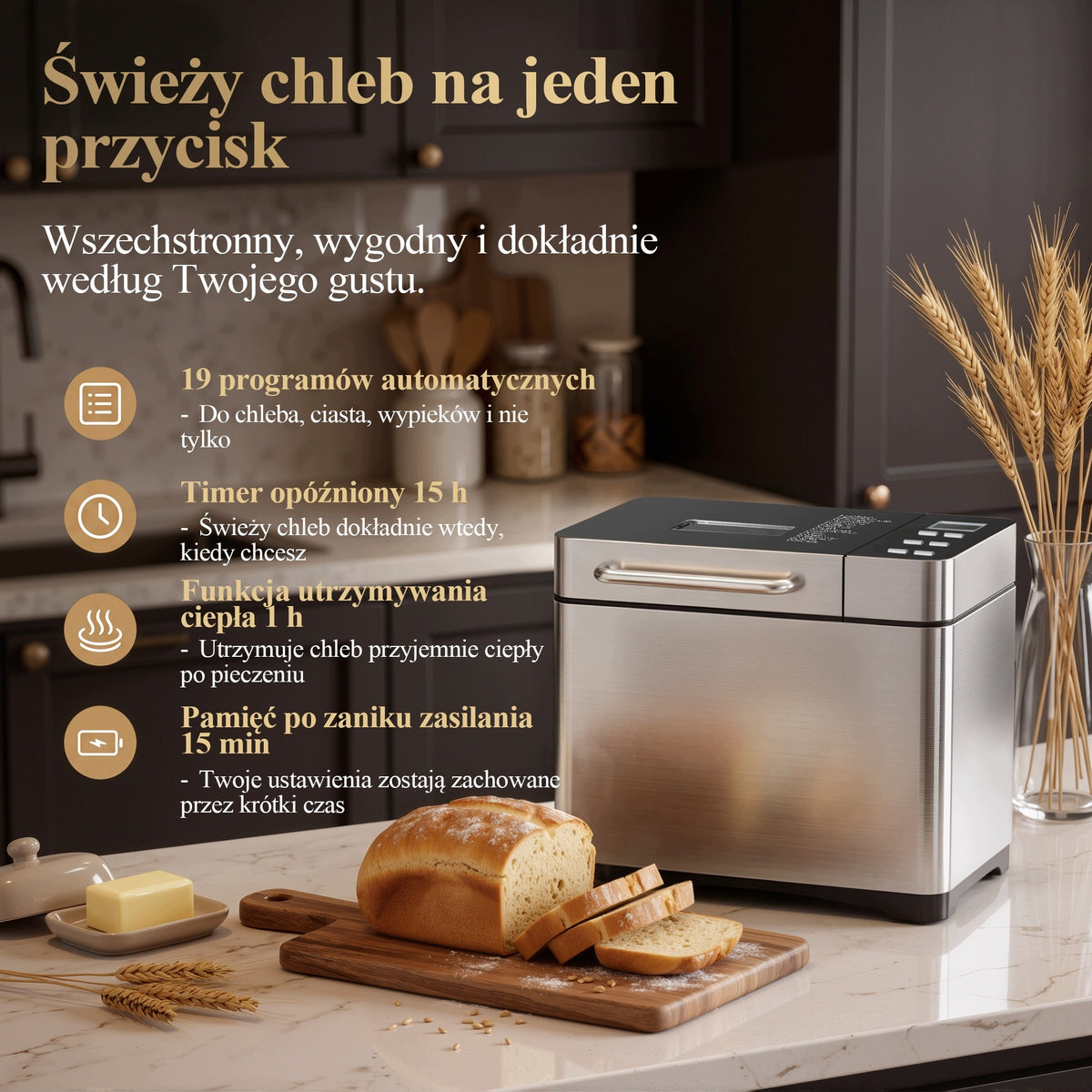 Automat do pieczenia chleba 19 w 1, 710 W, stal nierdzewna, timer, dozownik Packaging status original