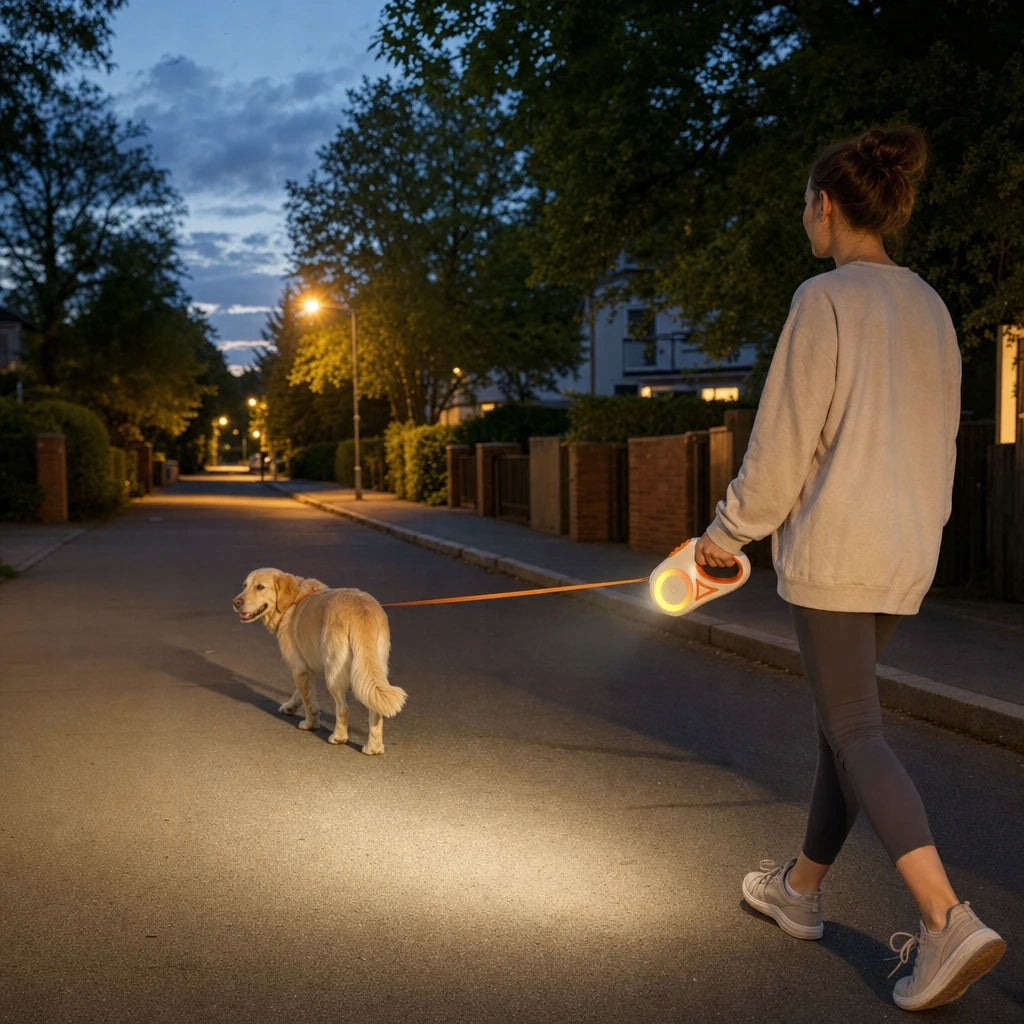 Automatic dog leash ROJECO 5m, LED, RGB, orange, up to 30kg Packaging status original