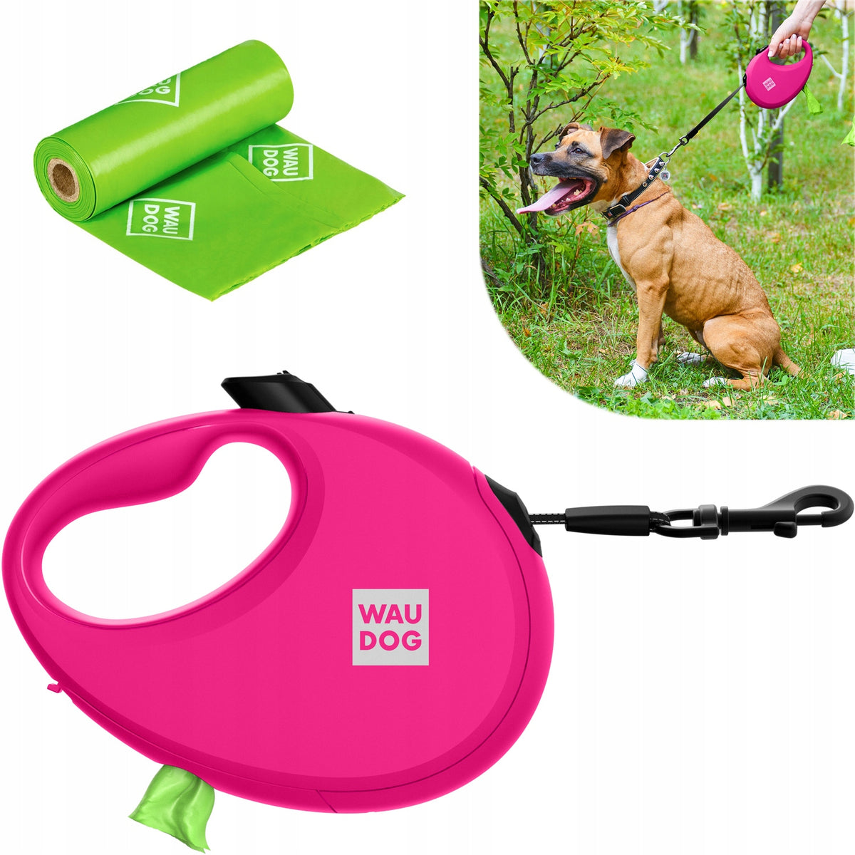 Automatic dog leash with bag container pink, r. M, up to 20 kg