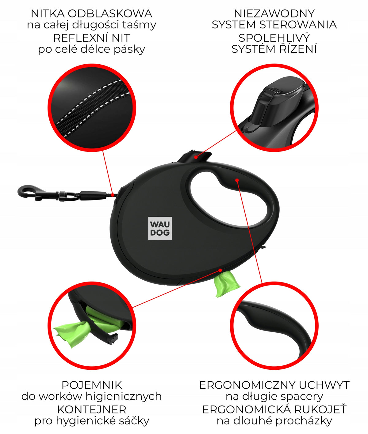 Automatic reflective dog leash with pouch container, M up to 20 kg Manufacturer code 26287