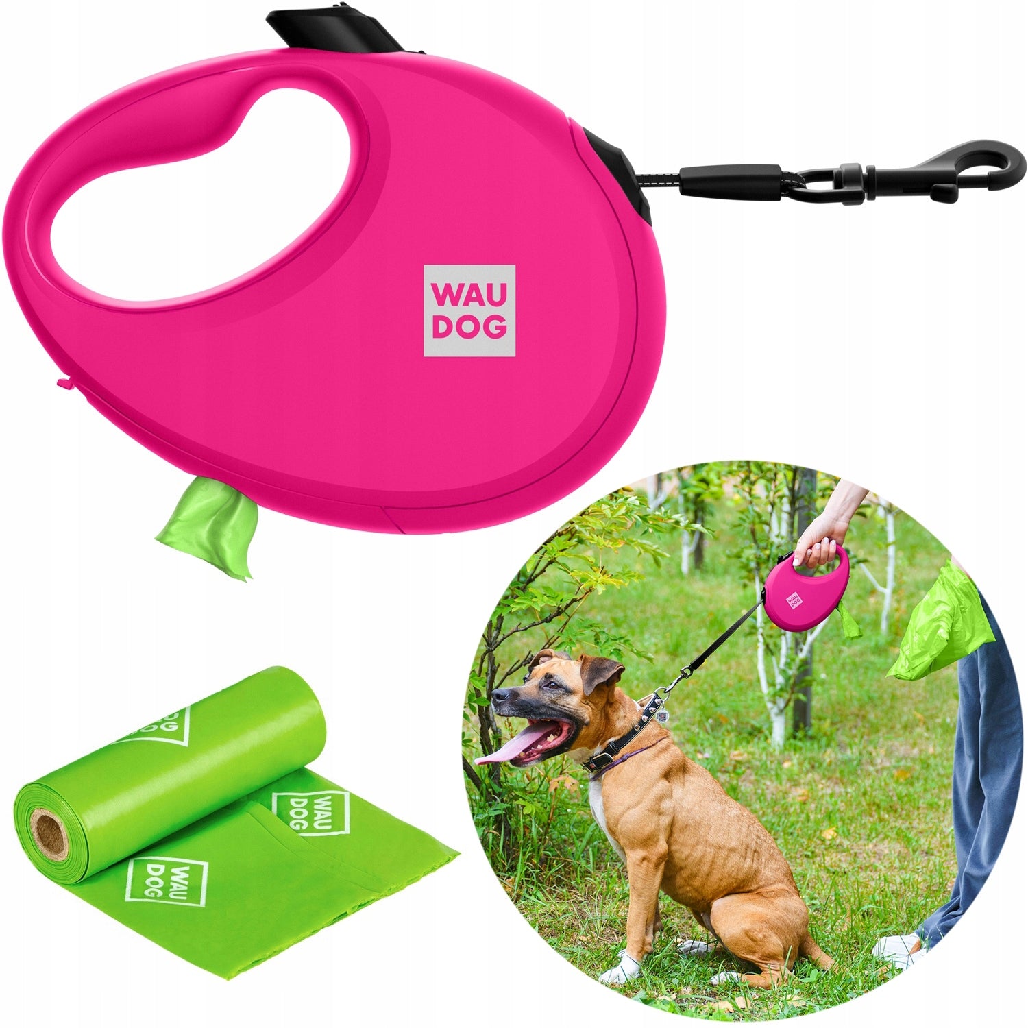 Automatic reflective dog leash with pouch container, M up to 20 kg