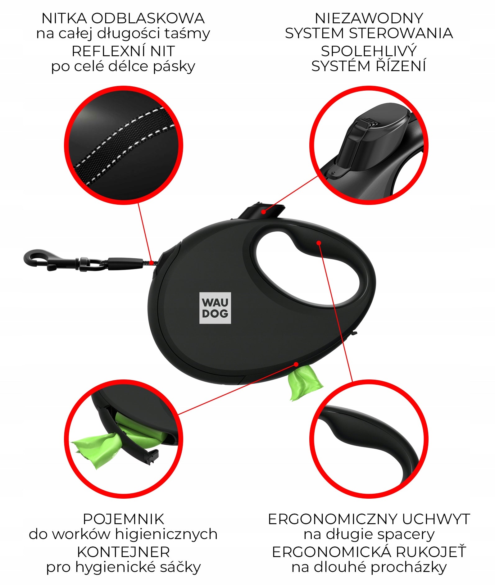Automatic reflective dog leash with pouch container, S up to 12 kg Manufacturer code 26272