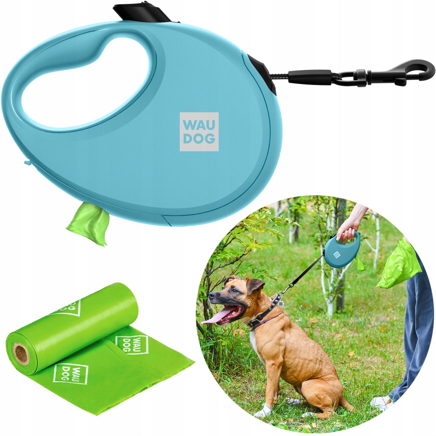 Automatic reflective dog leash with pouch container, S up to 12 kg