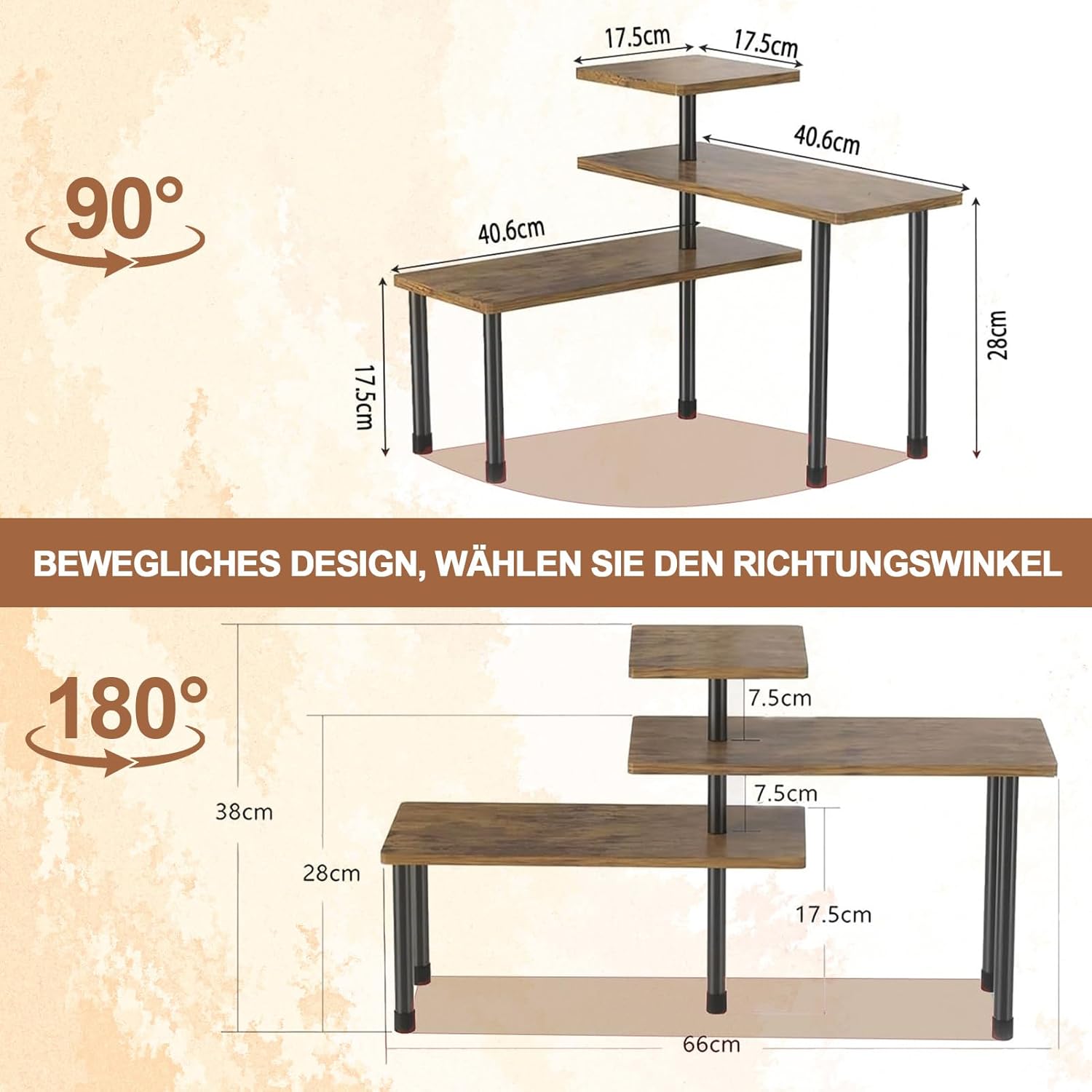 Awoyep Adjustable Corner Bookcase 3-Level for Countertop Black Furniture depth 38 cm