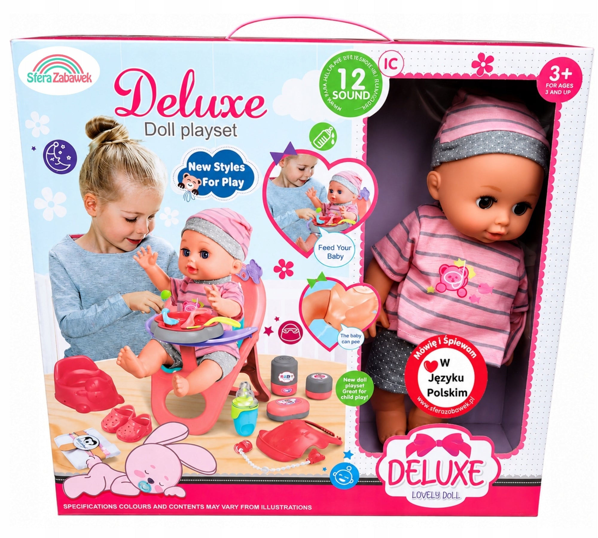 BABY DOLL DRINKS PEE SAYS in Polish CRIES 24 SOUNDS HIGH CHAIR Kid's age 3+ years