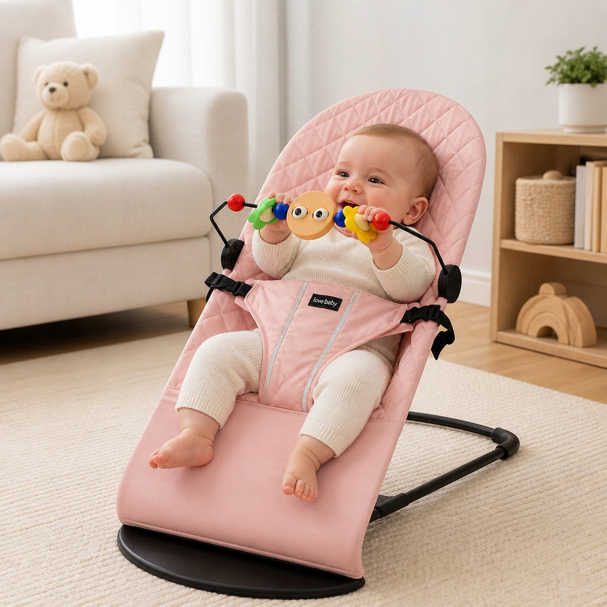 BABY LOUNGER ROCKER FOR KIDS PINK HEADBAND WITH TOYS GIFT Packaging status original