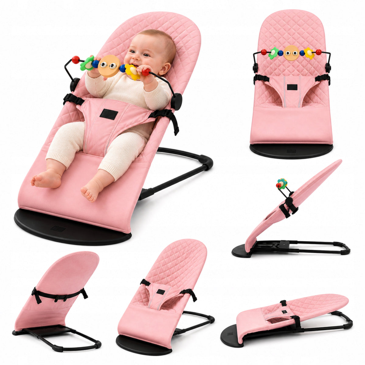 BABY LOUNGER ROCKER FOR KIDS PINK HEADBAND WITH TOYS GIFT