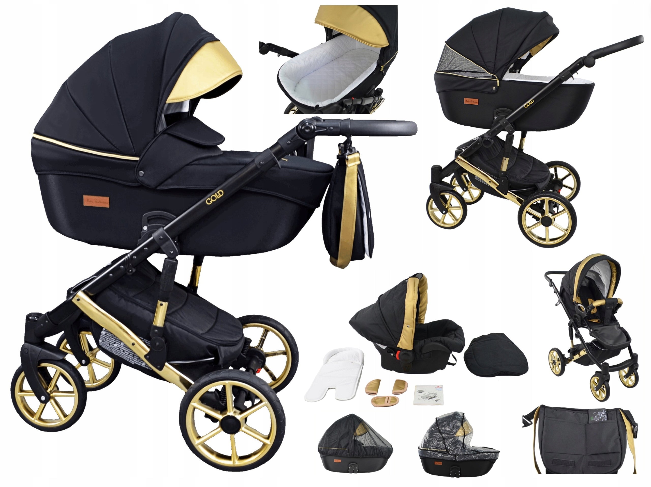 BABY STROLLER 3in1 PREMIUM Gold Student Gold Multifunctional + Accessories +