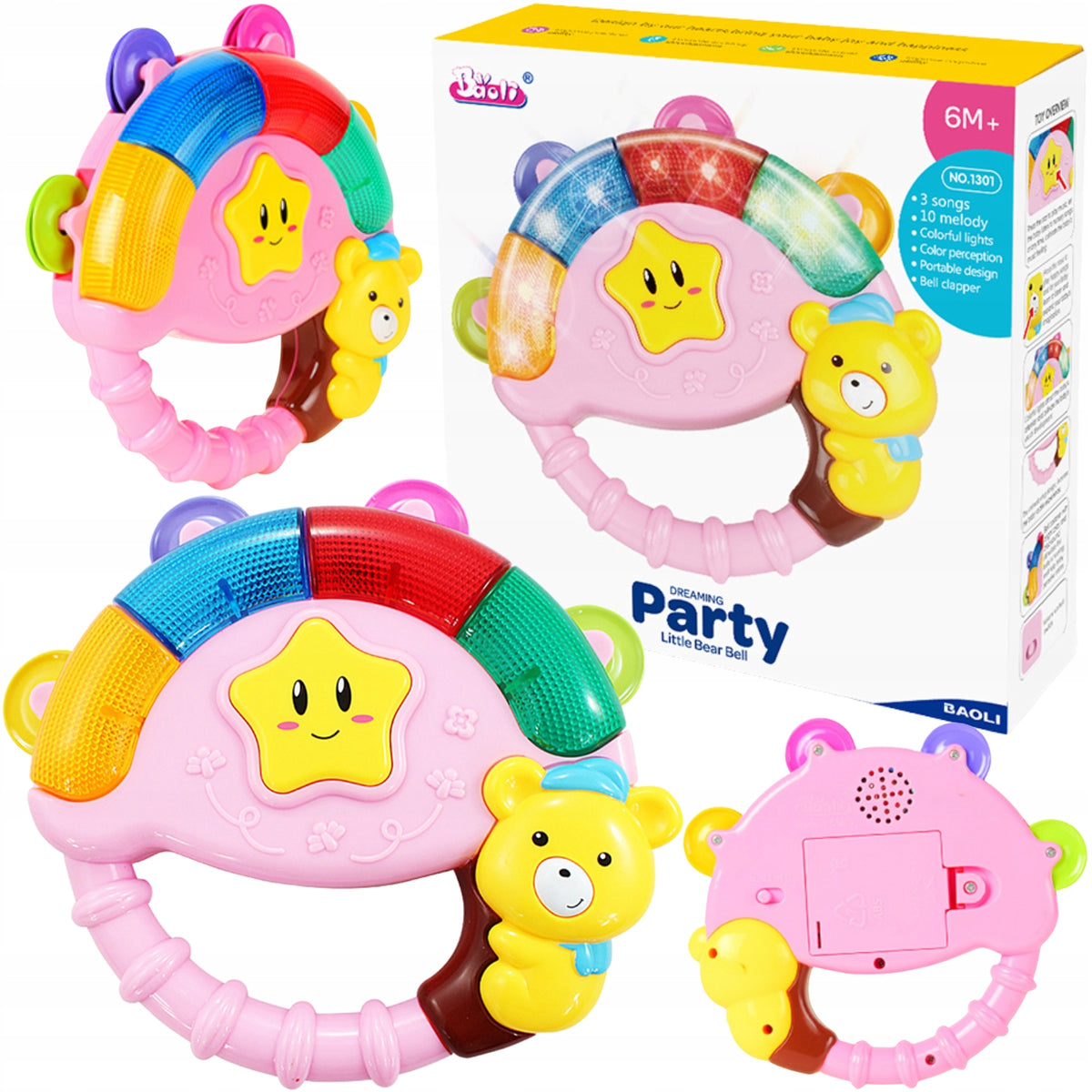 BABY TOY RATTLE TAMBOURINE BEAR MUSICAL INSTRUMENT SOUND 6M Packaging status original