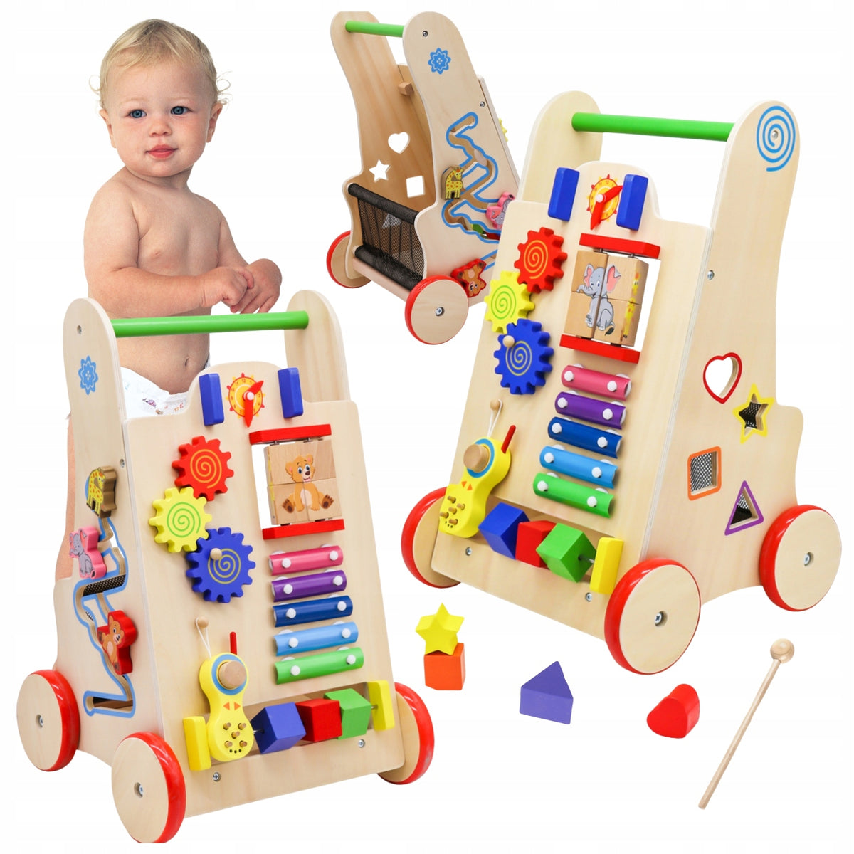 BABY WOODEN PUSHER WALKER 6IN1 EDUCATIONAL MANIPULATION BOARD